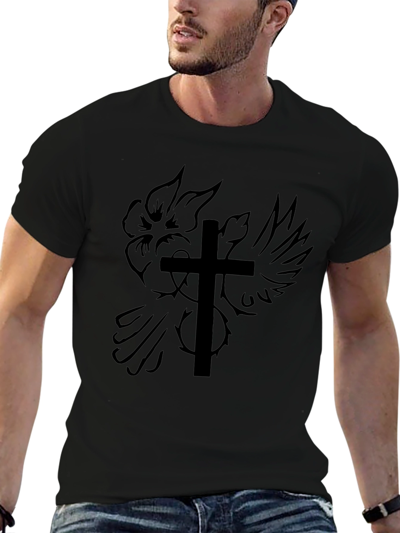 Camiseta Negra con Diseño de Cruz y Rosa