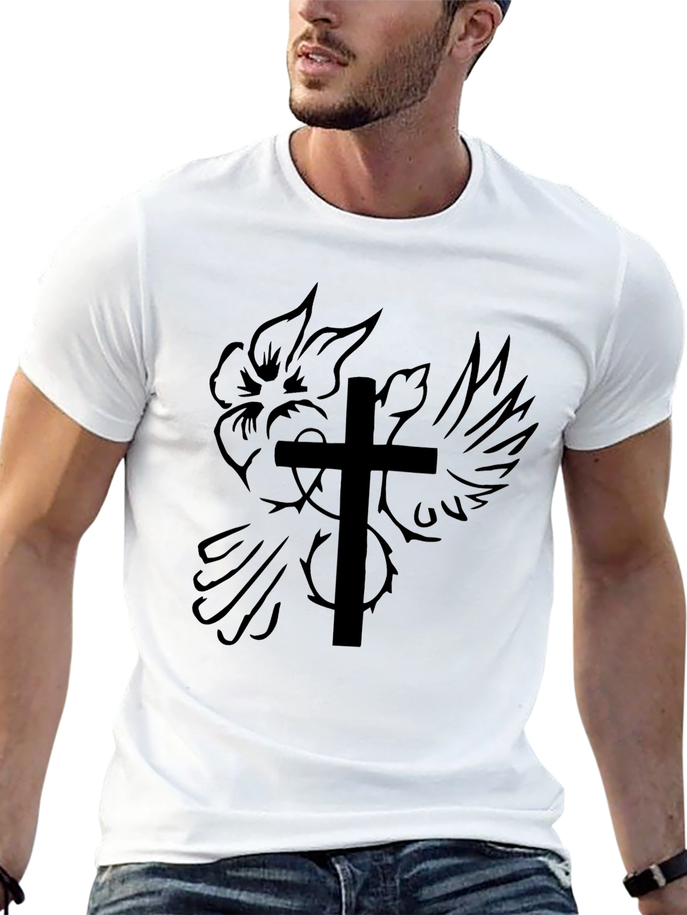 Camiseta Negra con Diseño de Cruz y Rosa