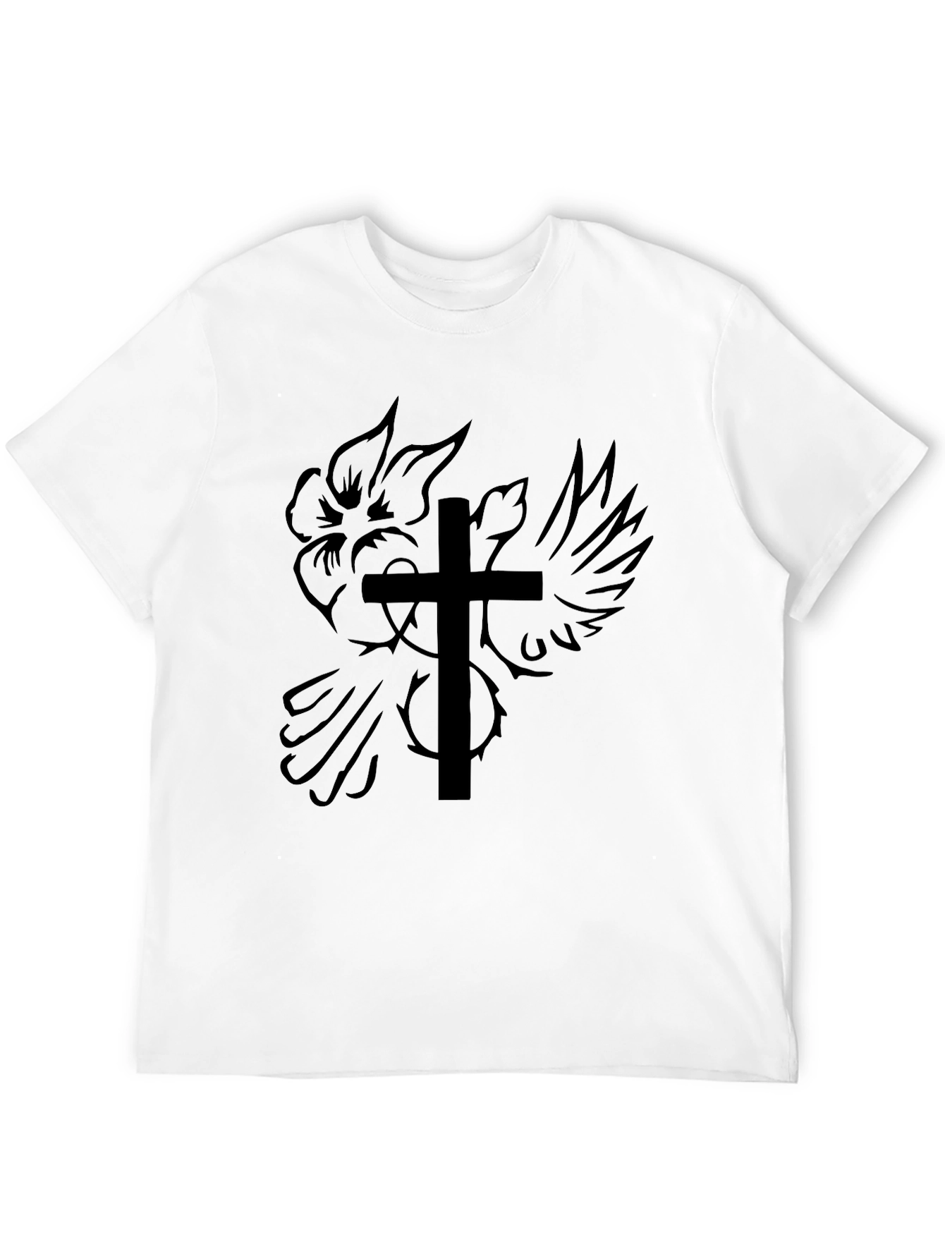 Camiseta Negra con Diseño de Cruz y Rosa