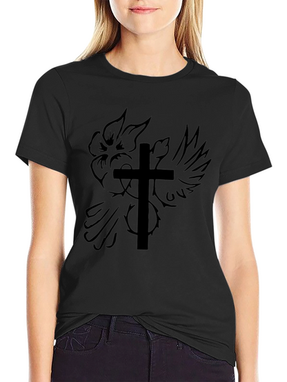 Camiseta Negra con Diseño de Cruz y Rosa