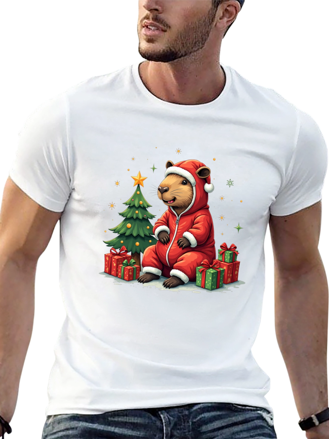 Camiseta Negra con Diseño Navideño de Castor