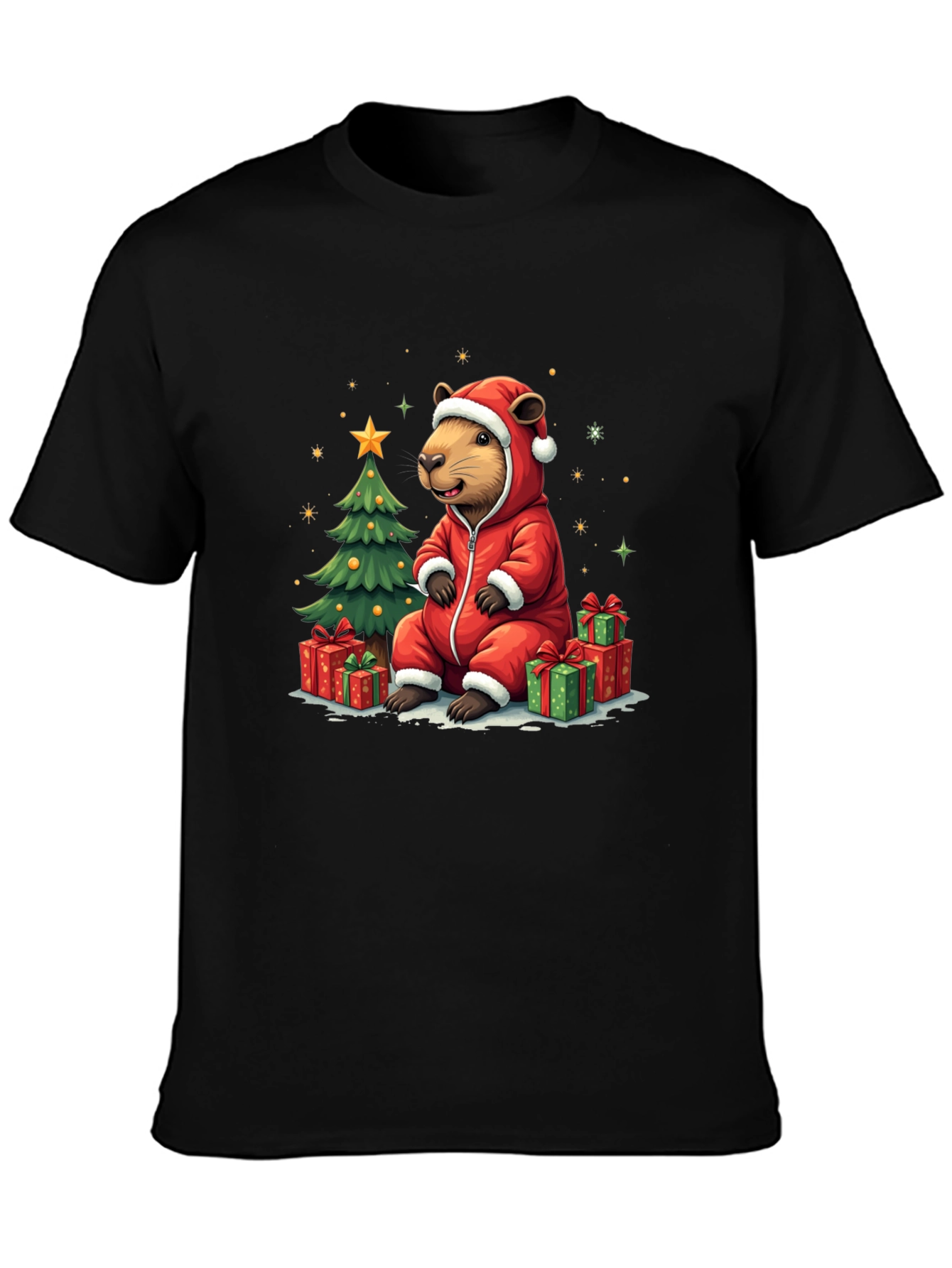 Camiseta Negra con Diseño Navideño de Castor