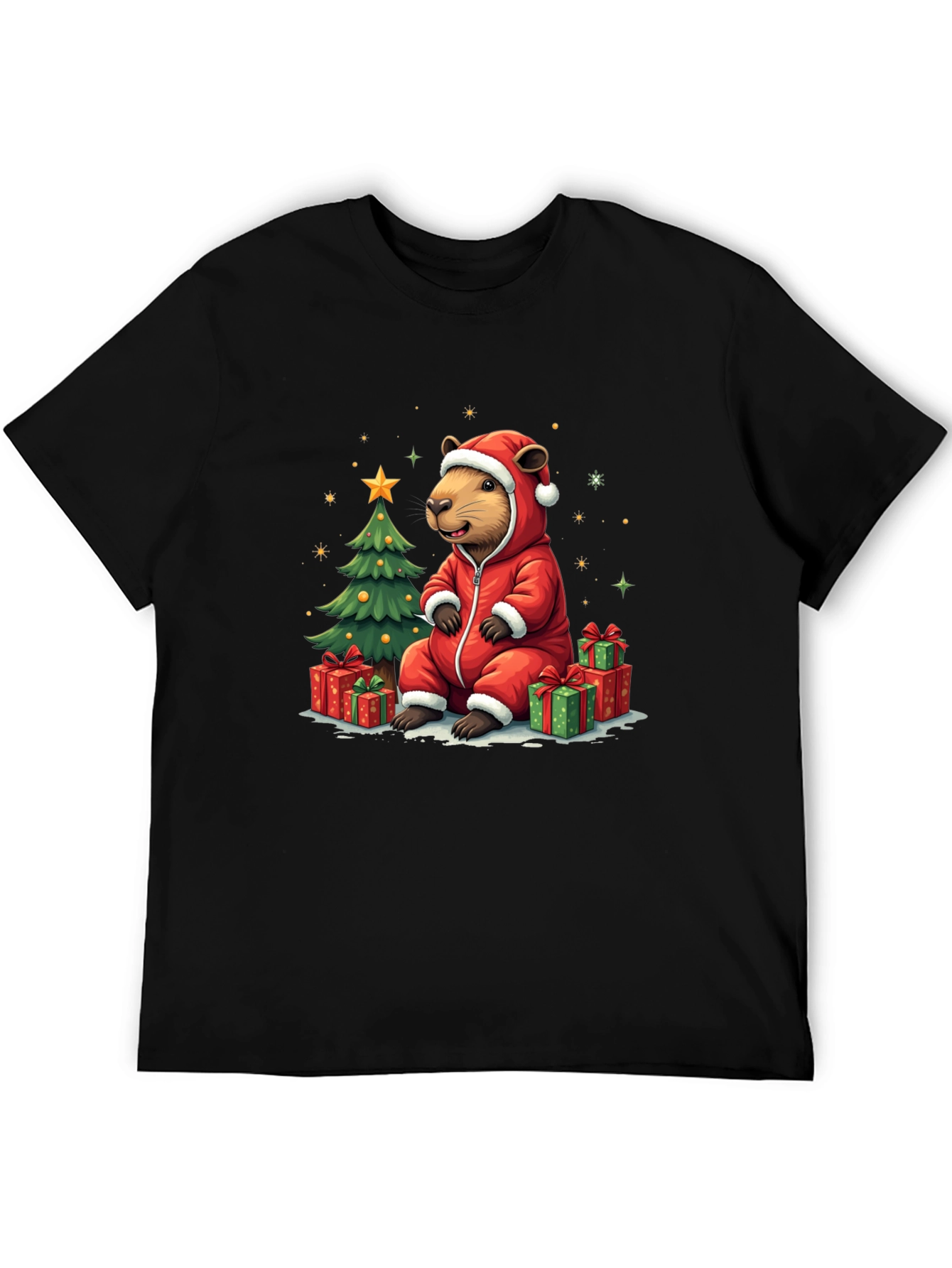 Camiseta Negra con Diseño Navideño de Castor