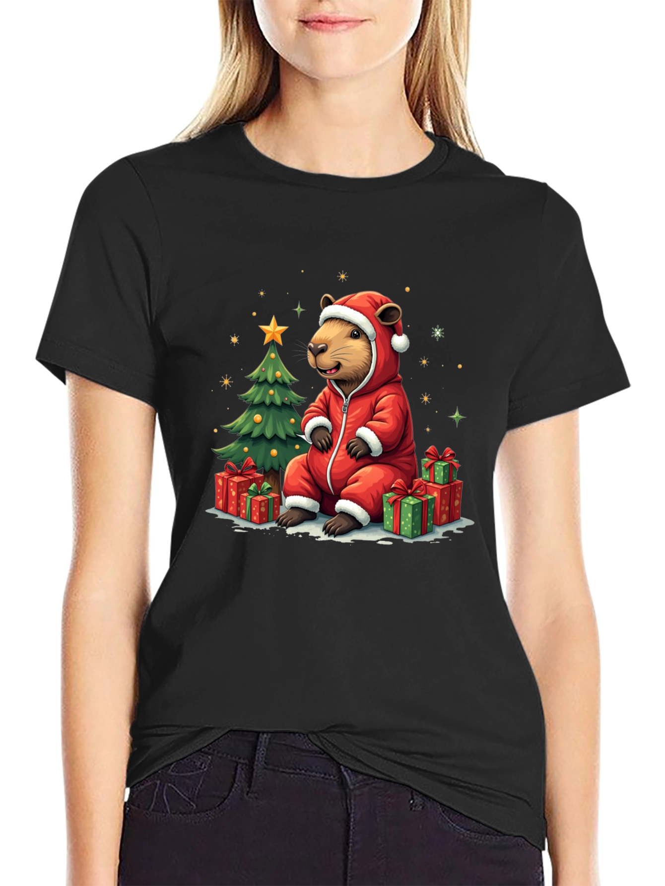 Camiseta Negra con Diseño Navideño de Castor