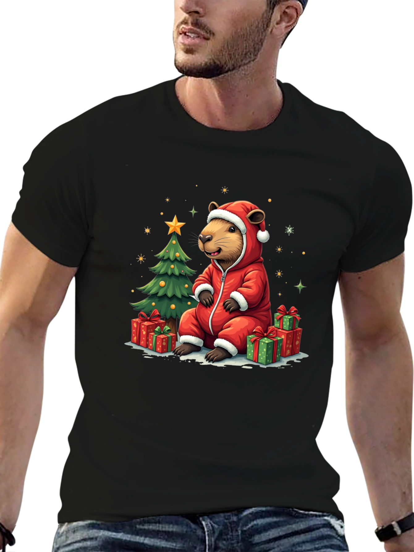Camiseta Negra con Diseño Navideño de Castor