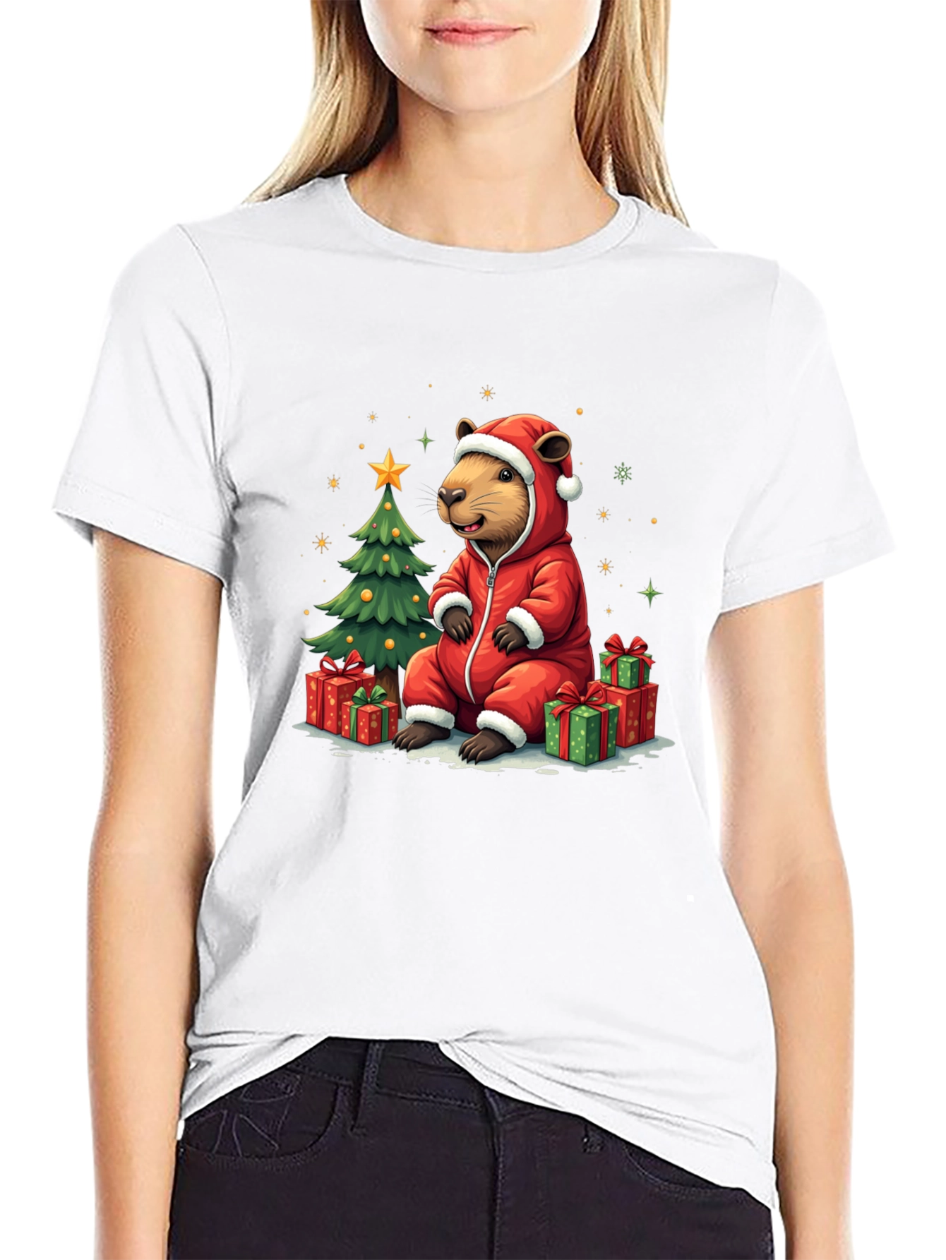 Camiseta Negra con Diseño Navideño de Castor