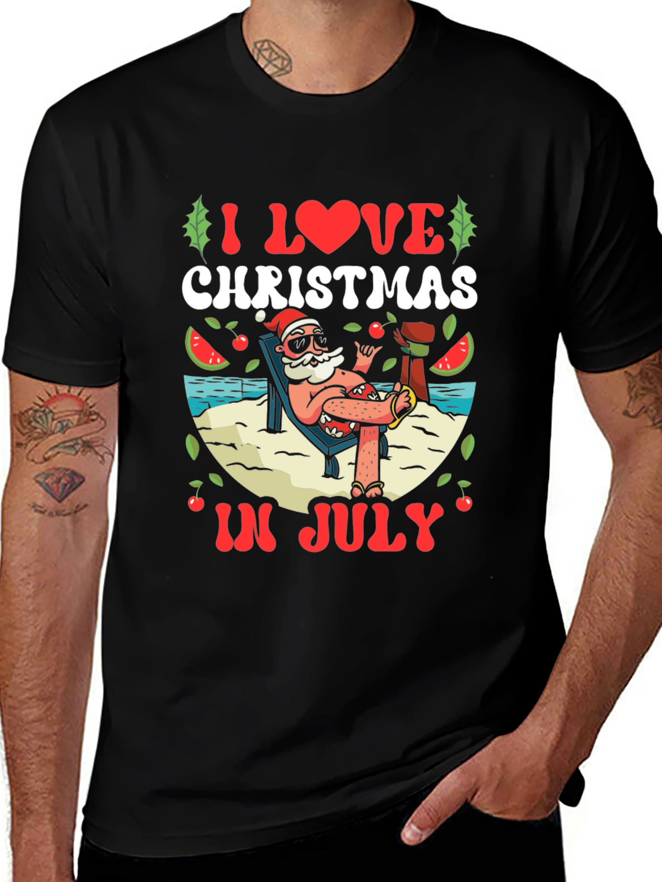Camiseta Negra Navideña en Julio para Hombre