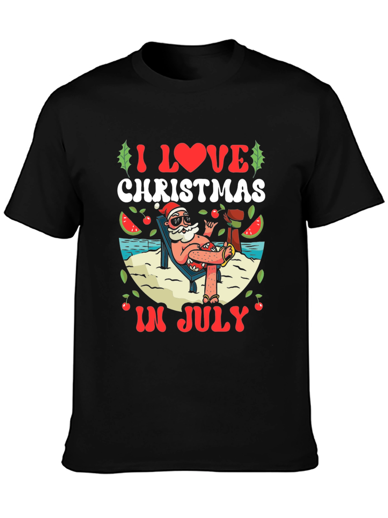 Camiseta Negra Navideña en Julio para Hombre