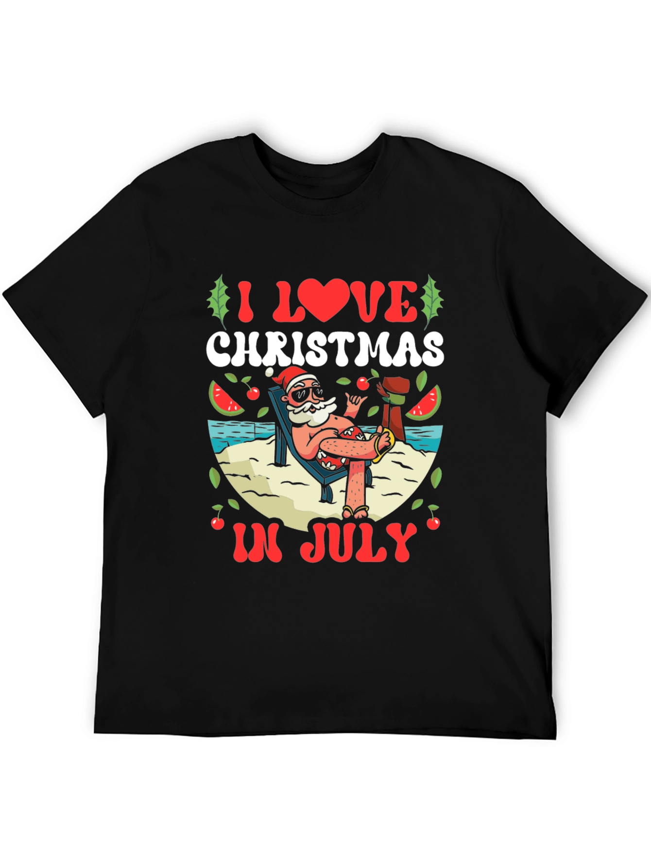 Camiseta Negra Navideña en Julio para Hombre