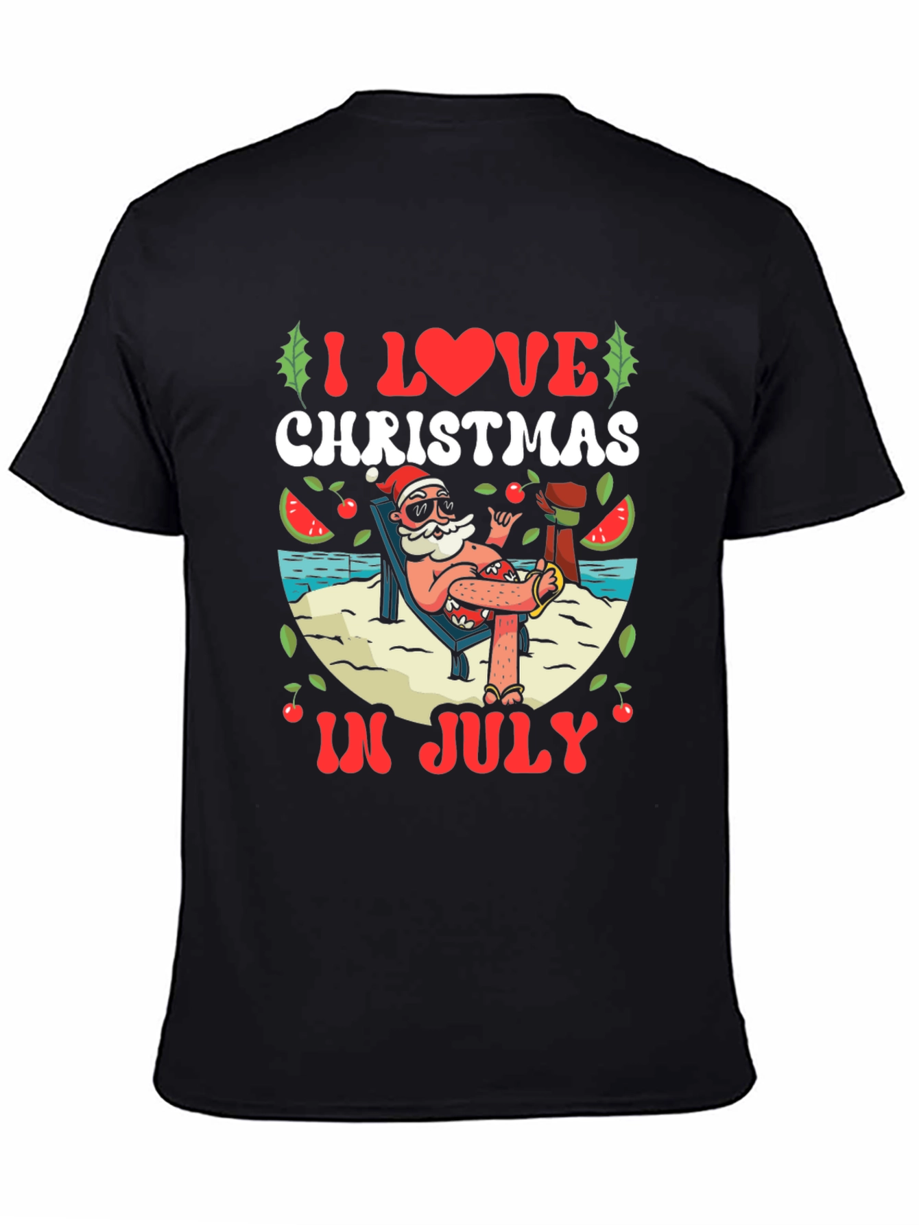 Camiseta Negra Navideña en Julio para Hombre