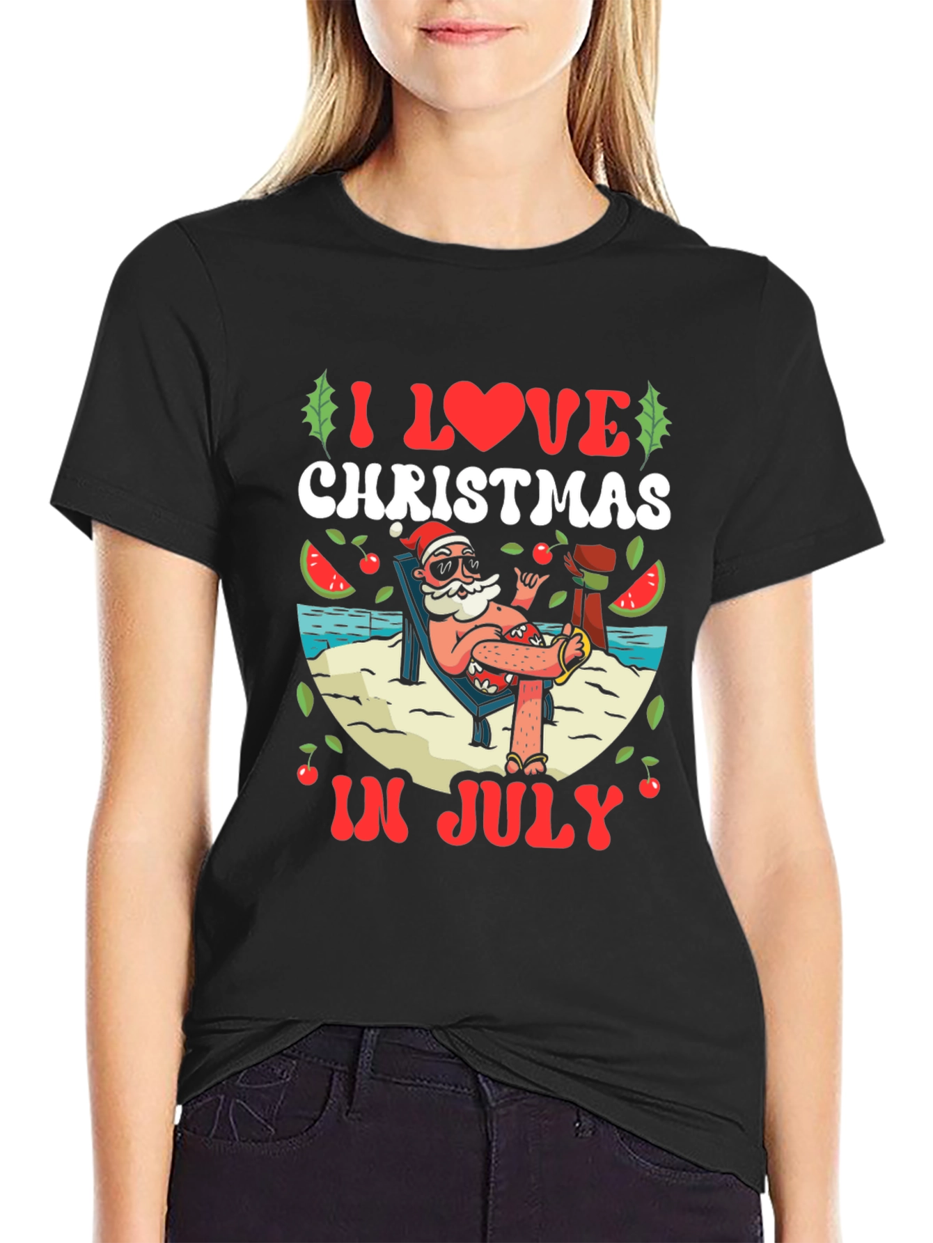 Camiseta Negra Navideña en Julio para Hombre