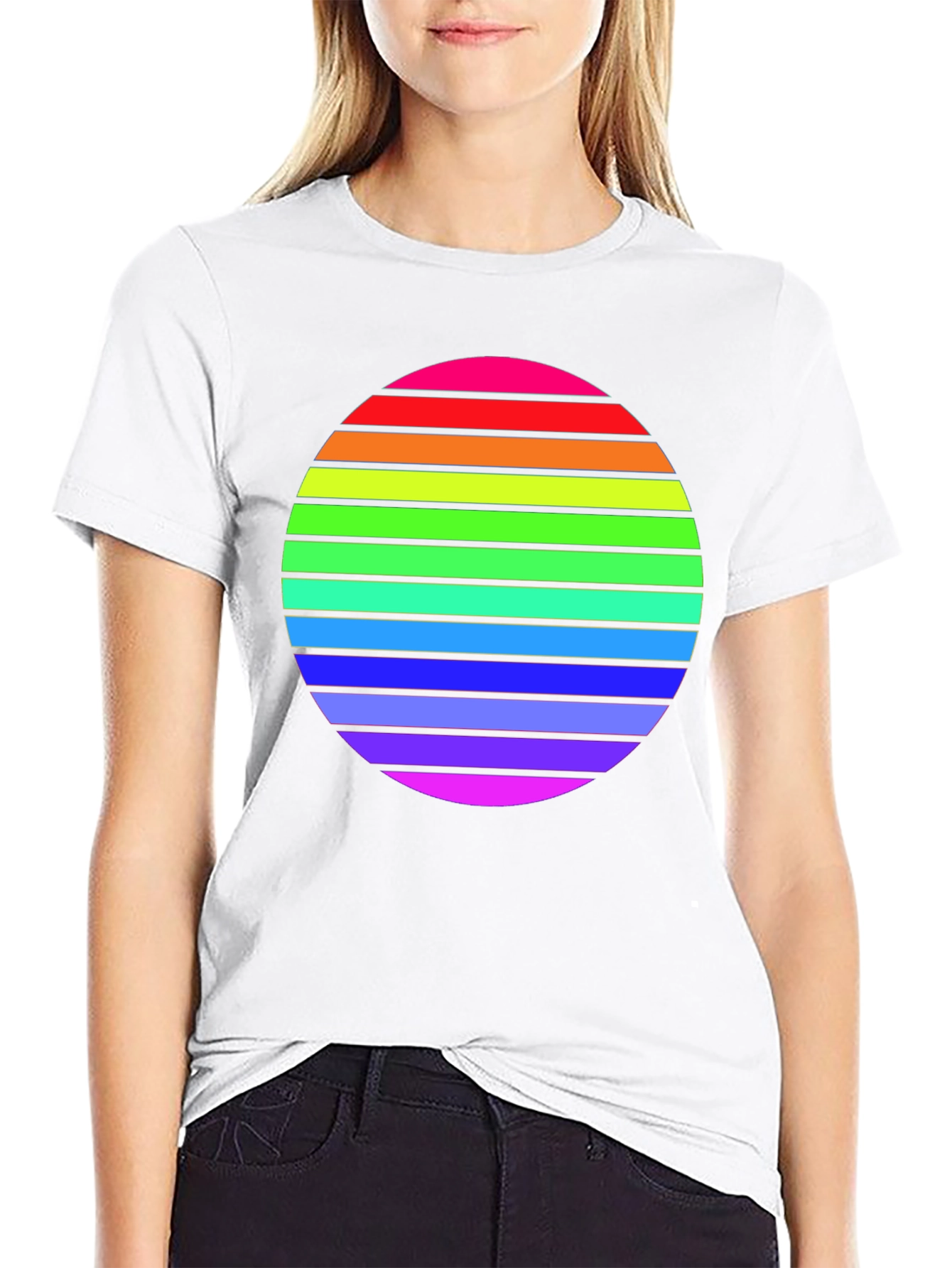 Camiseta Negra con Diseño de Círculo Arcoíris