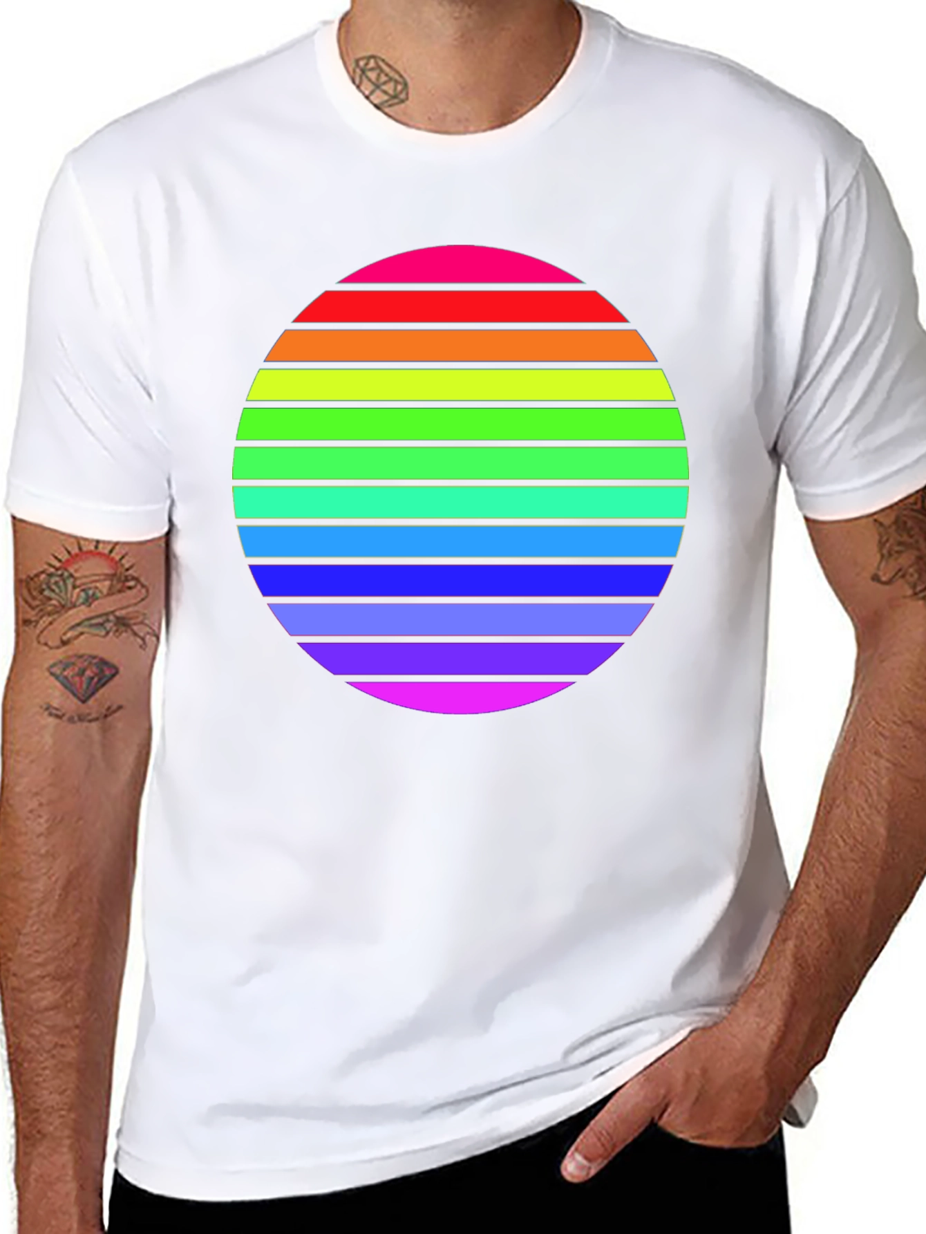 Camiseta Negra con Diseño de Círculo Arcoíris