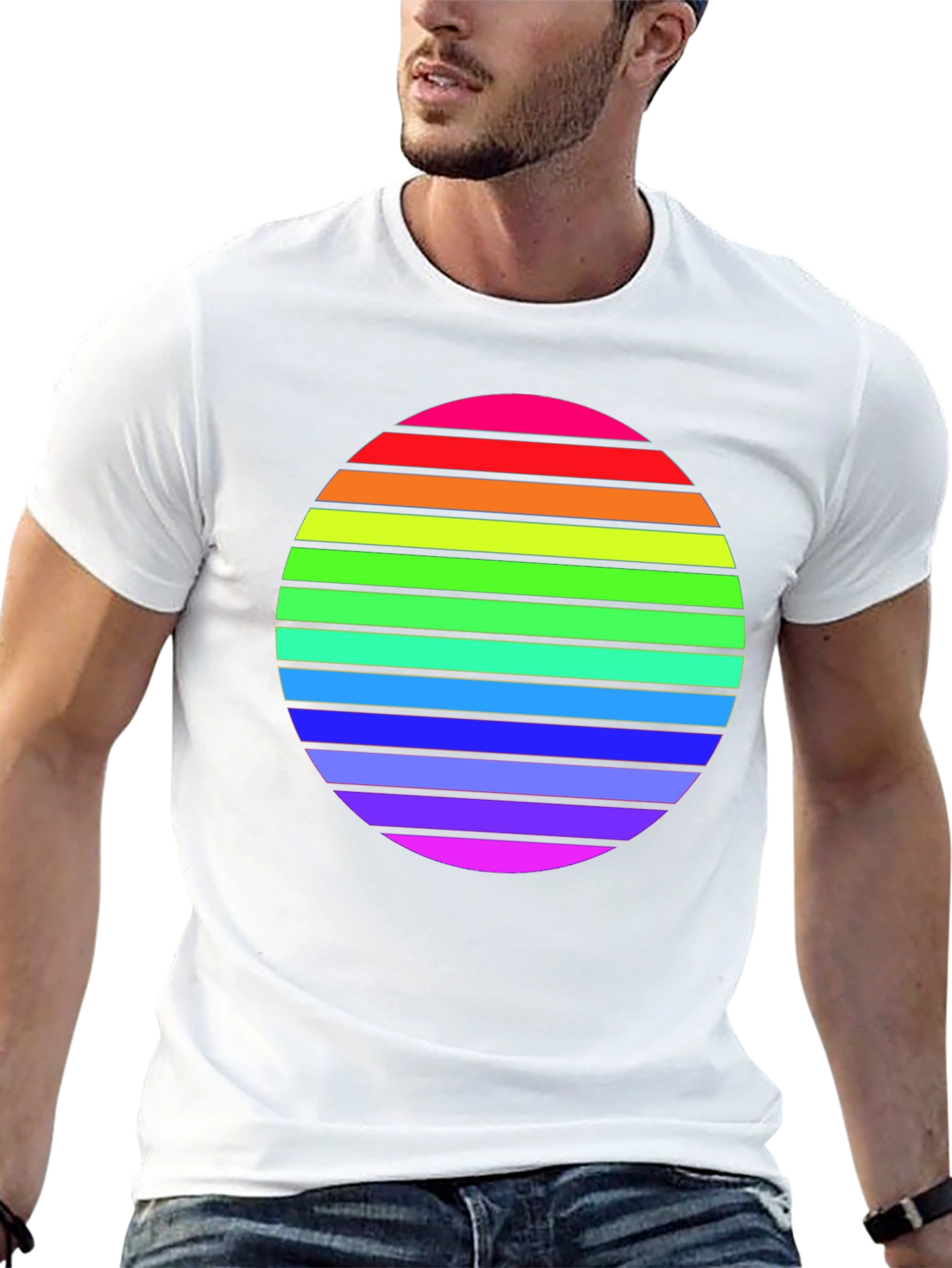 Camiseta Negra con Diseño de Círculo Arcoíris