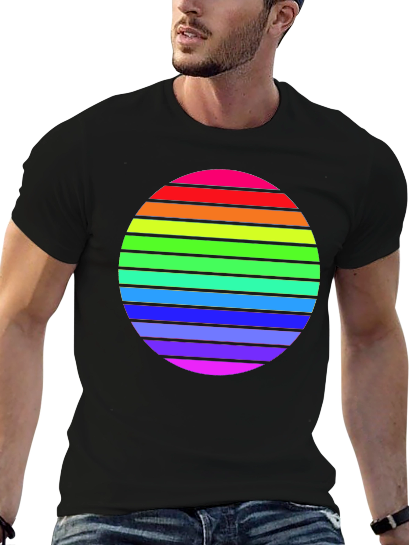Camiseta Negra con Diseño de Círculo Arcoíris