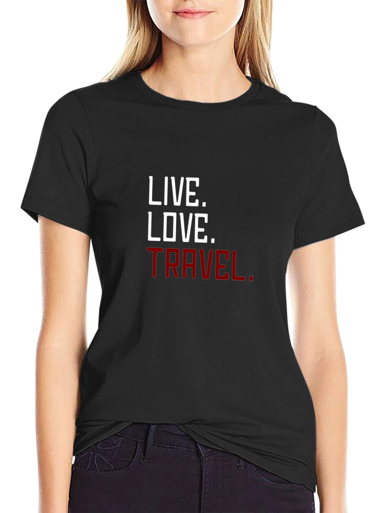 Camiseta Negra con Lema Inspirador: Vive Ama Viaja