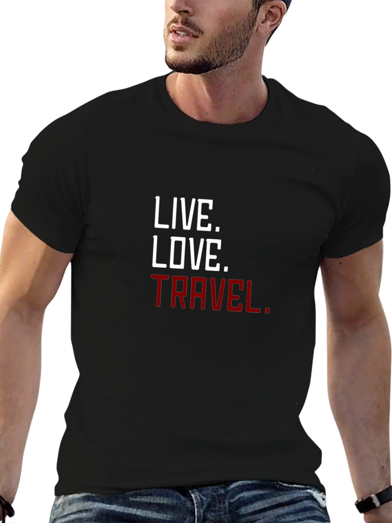 Camiseta Negra con Lema Inspirador: Vive Ama Viaja