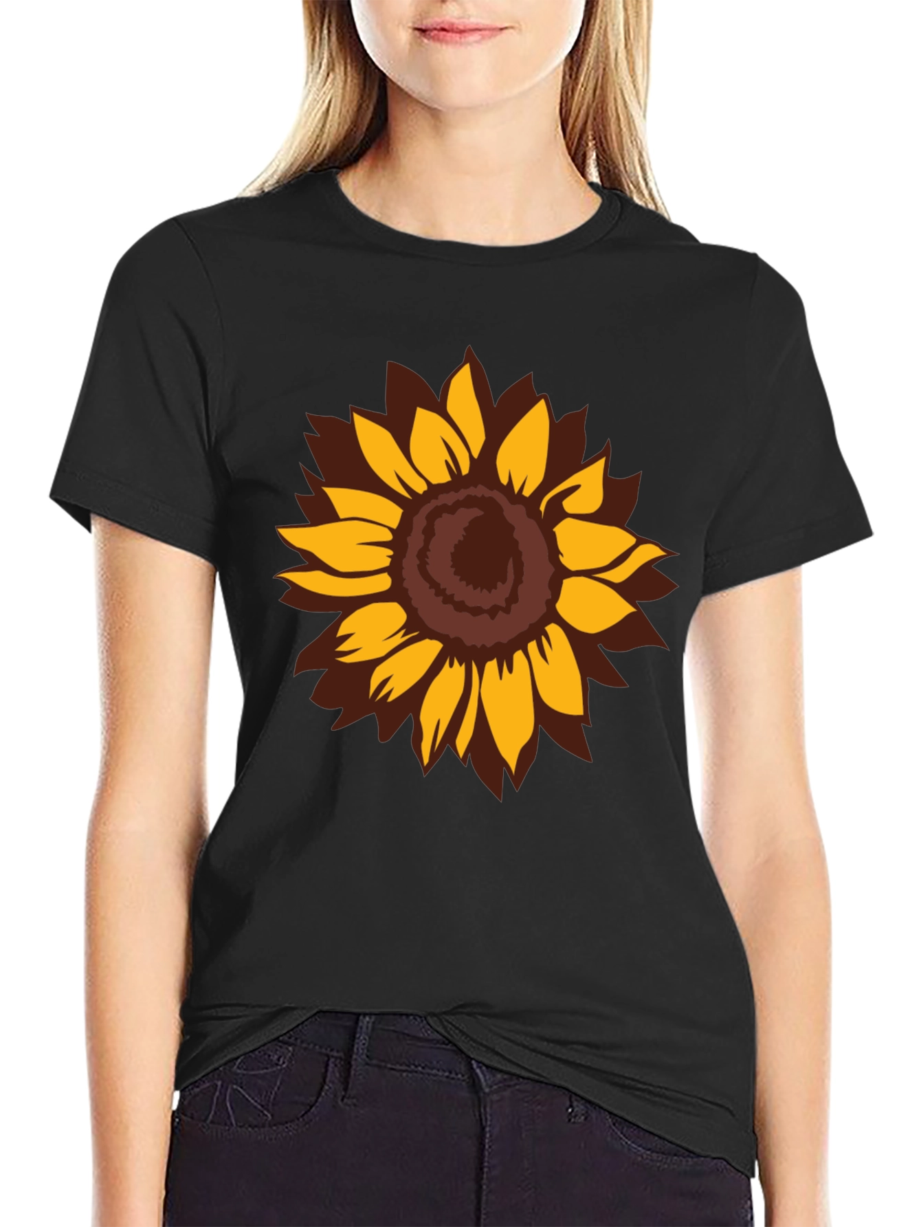 Camiseta Negra con Girasol Estilizado