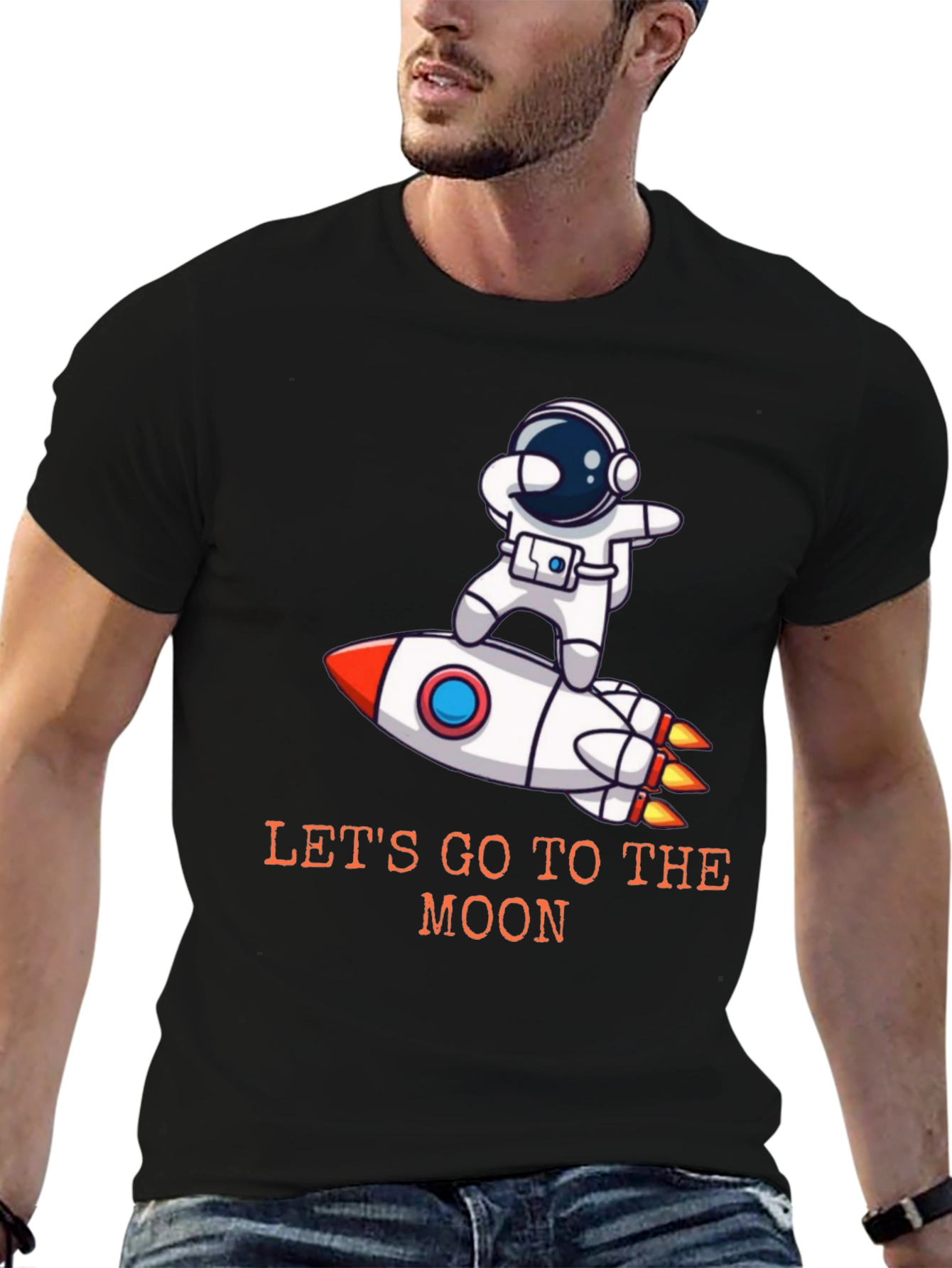 Camiseta Negra Astronauta Cohete - ¡Vamos a la Luna!