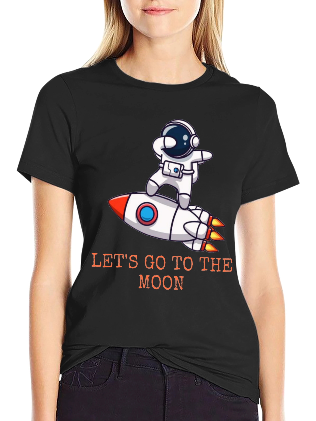 Camiseta Negra Astronauta Cohete - ¡Vamos a la Luna!