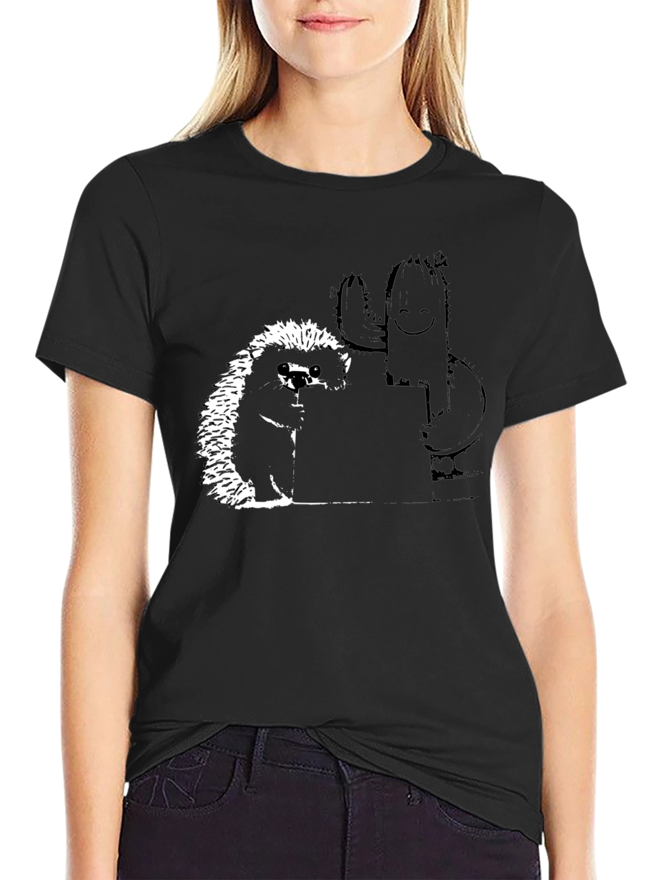 Camiseta Negra con Diseño de Erizo y Cactus