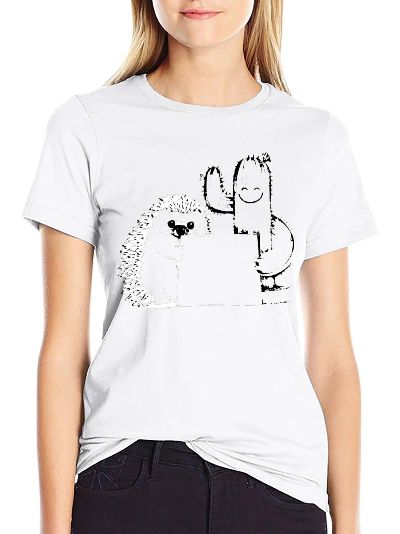 Camiseta Negra con Diseño de Erizo y Cactus