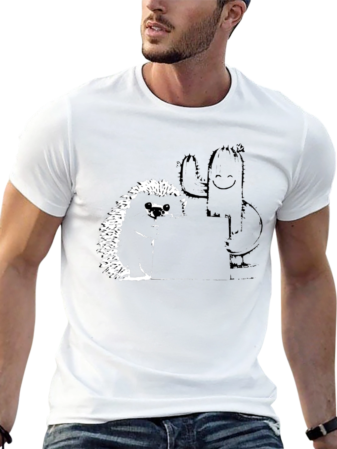 Camiseta Negra con Diseño de Erizo y Cactus