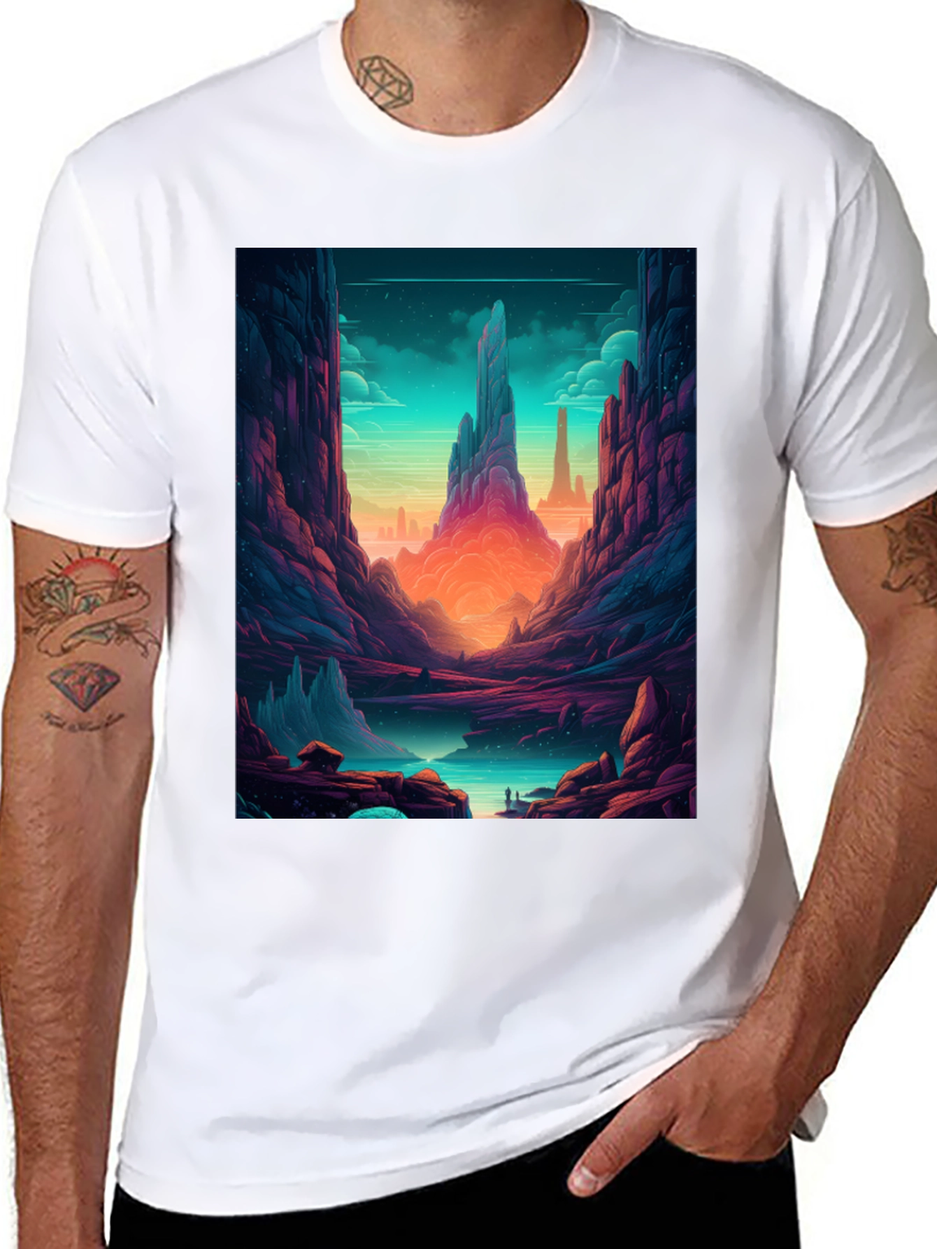 Camiseta Negra con Diseño de Paisaje Fantástico