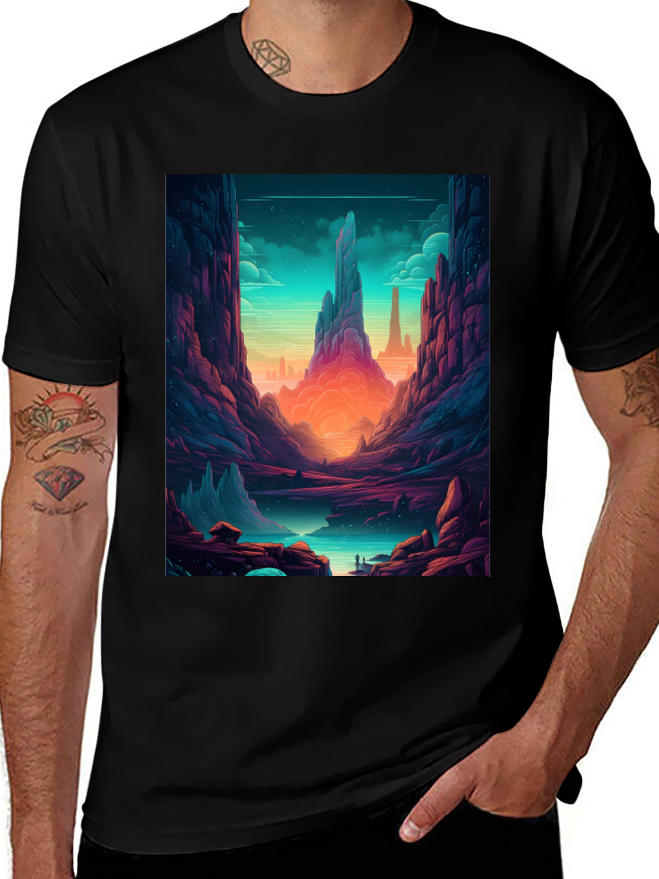 Camiseta Negra con Diseño de Paisaje Fantástico