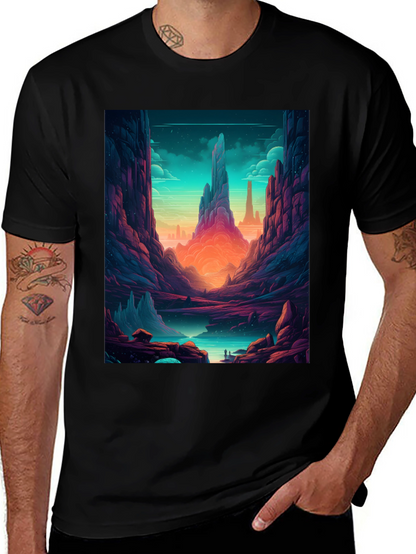 Camiseta Negra con Diseño de Paisaje Fantástico
