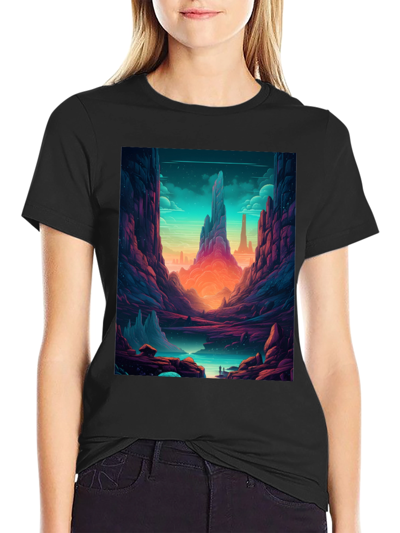 Camiseta Negra con Diseño de Paisaje Fantástico
