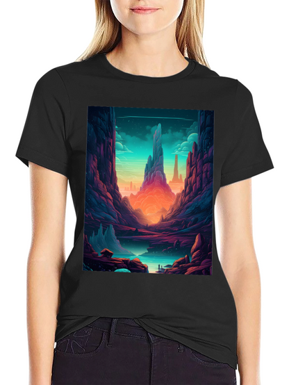 Camiseta Negra con Diseño de Paisaje Fantástico