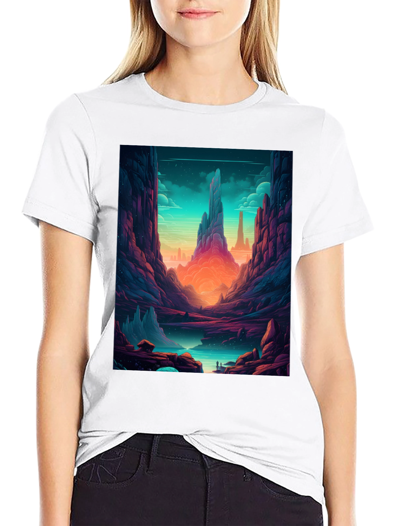 Camiseta Negra con Diseño de Paisaje Fantástico