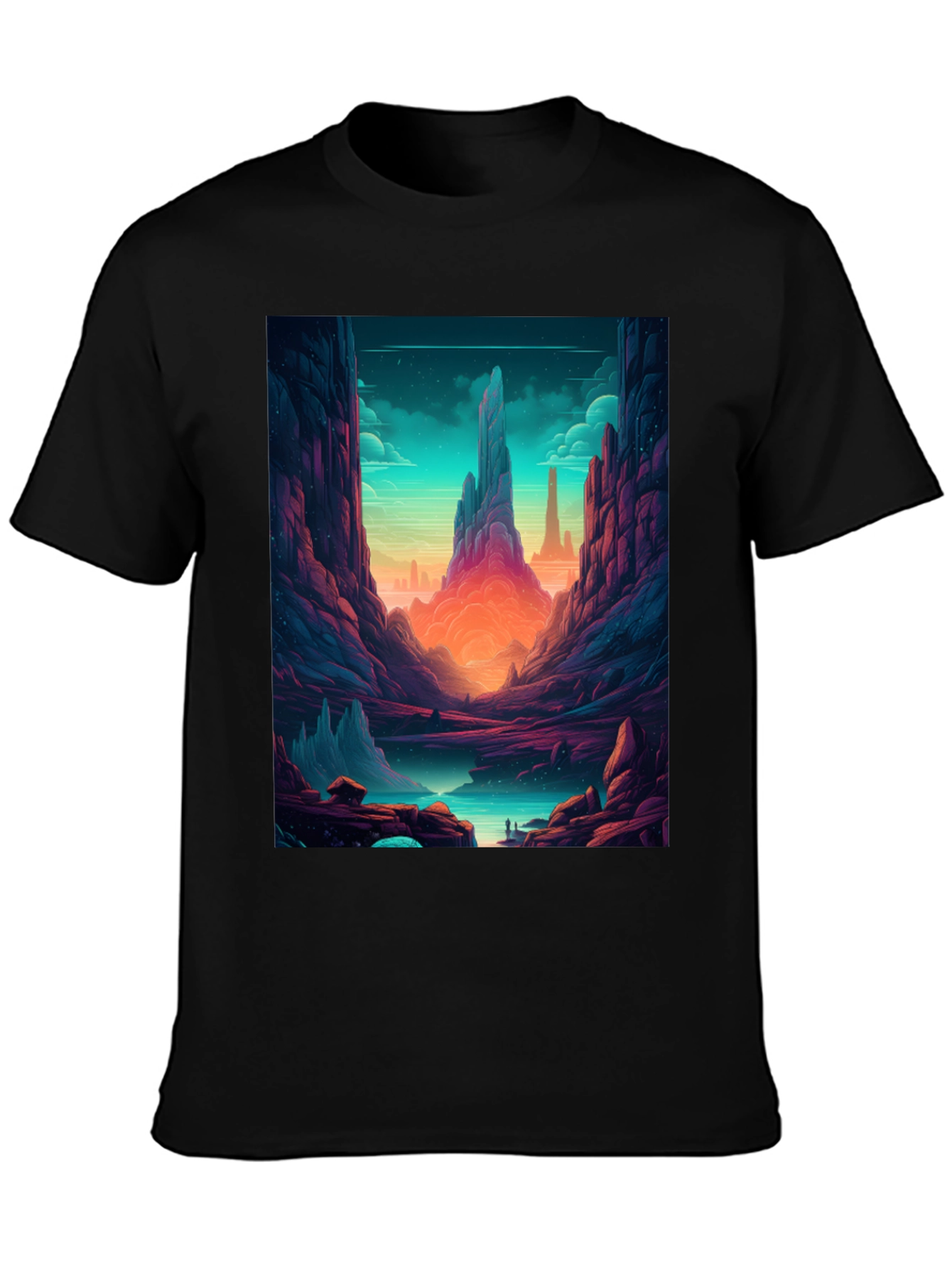 Camiseta Negra con Diseño de Paisaje Fantástico