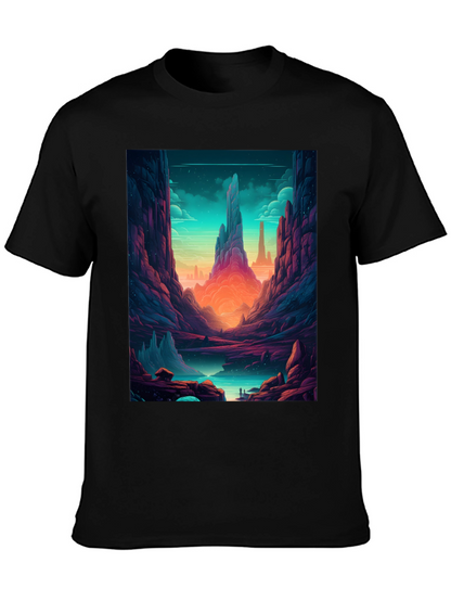 Camiseta Negra con Diseño de Paisaje Fantástico