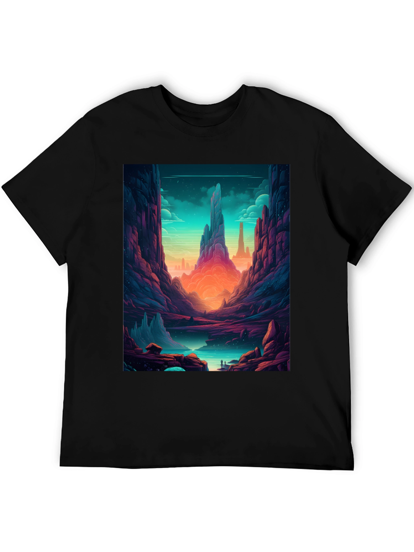 Camiseta Negra con Diseño de Paisaje Fantástico
