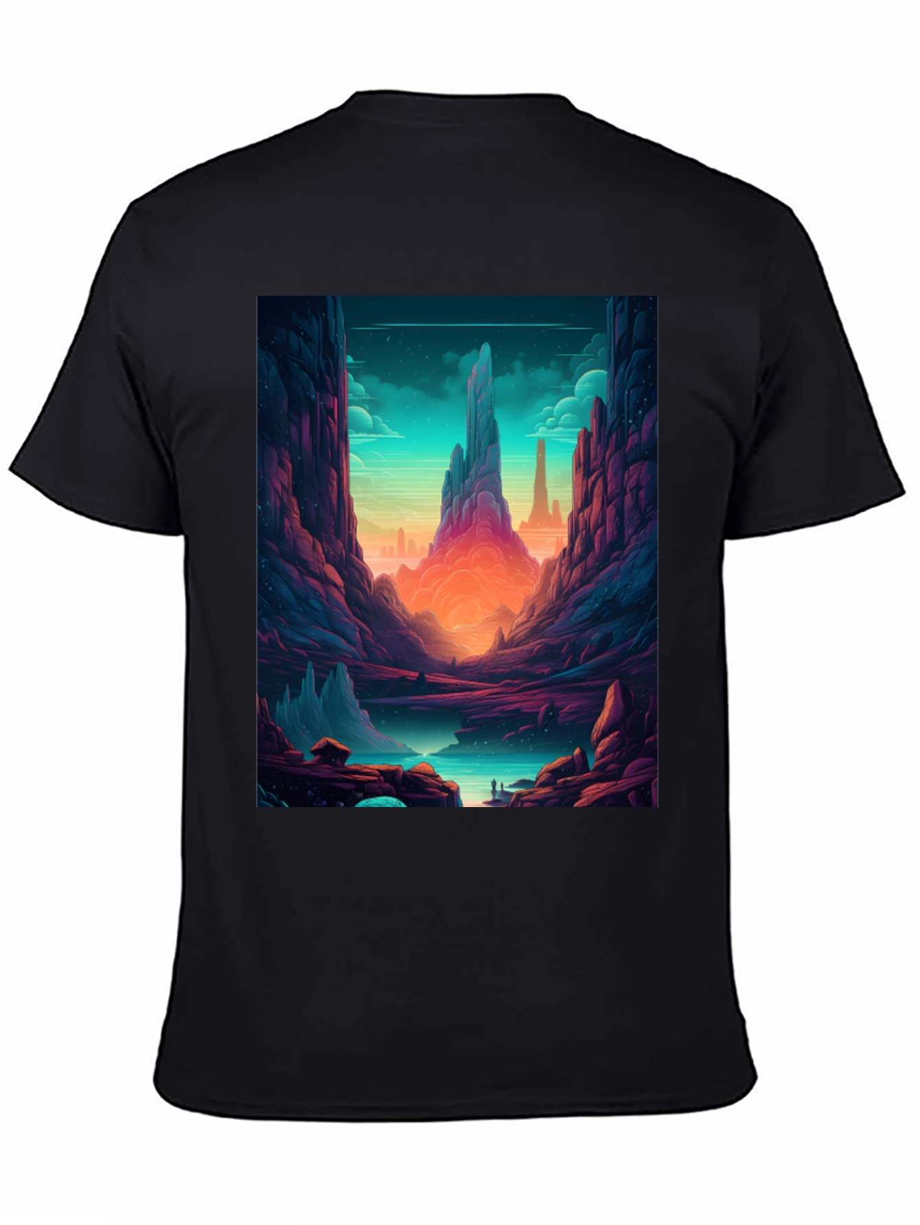 Camiseta Negra con Diseño de Paisaje Fantástico
