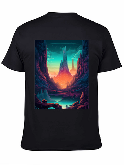 Camiseta Negra con Diseño de Paisaje Fantástico