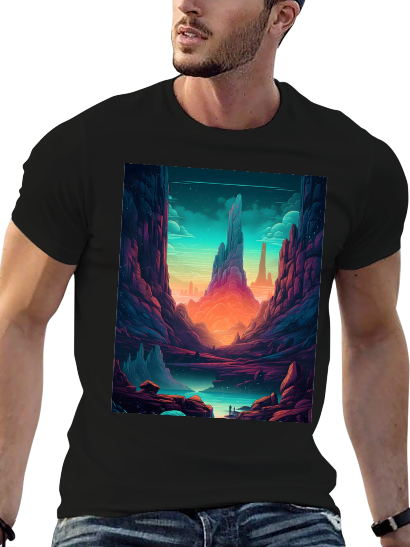Camiseta Negra con Diseño de Paisaje Fantástico
