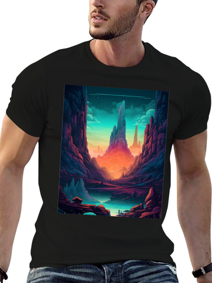Camiseta Negra con Diseño de Paisaje Fantástico