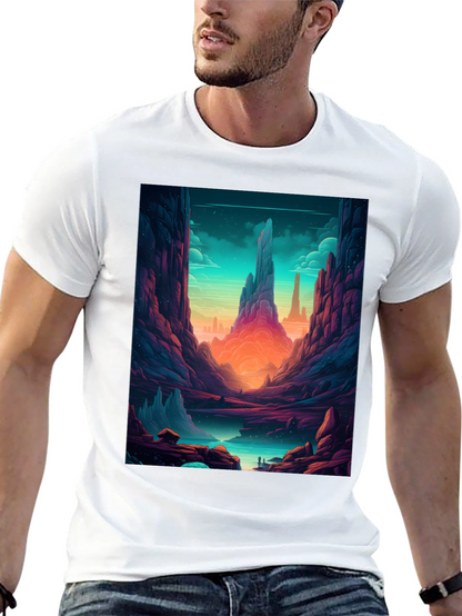 Camiseta Negra con Diseño de Paisaje Fantástico