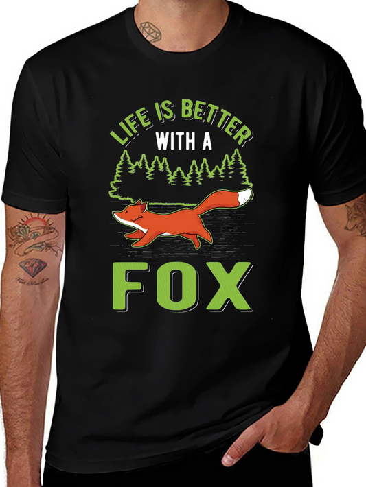 Camiseta Hombre Negra con Diseño de Zorro y Naturaleza