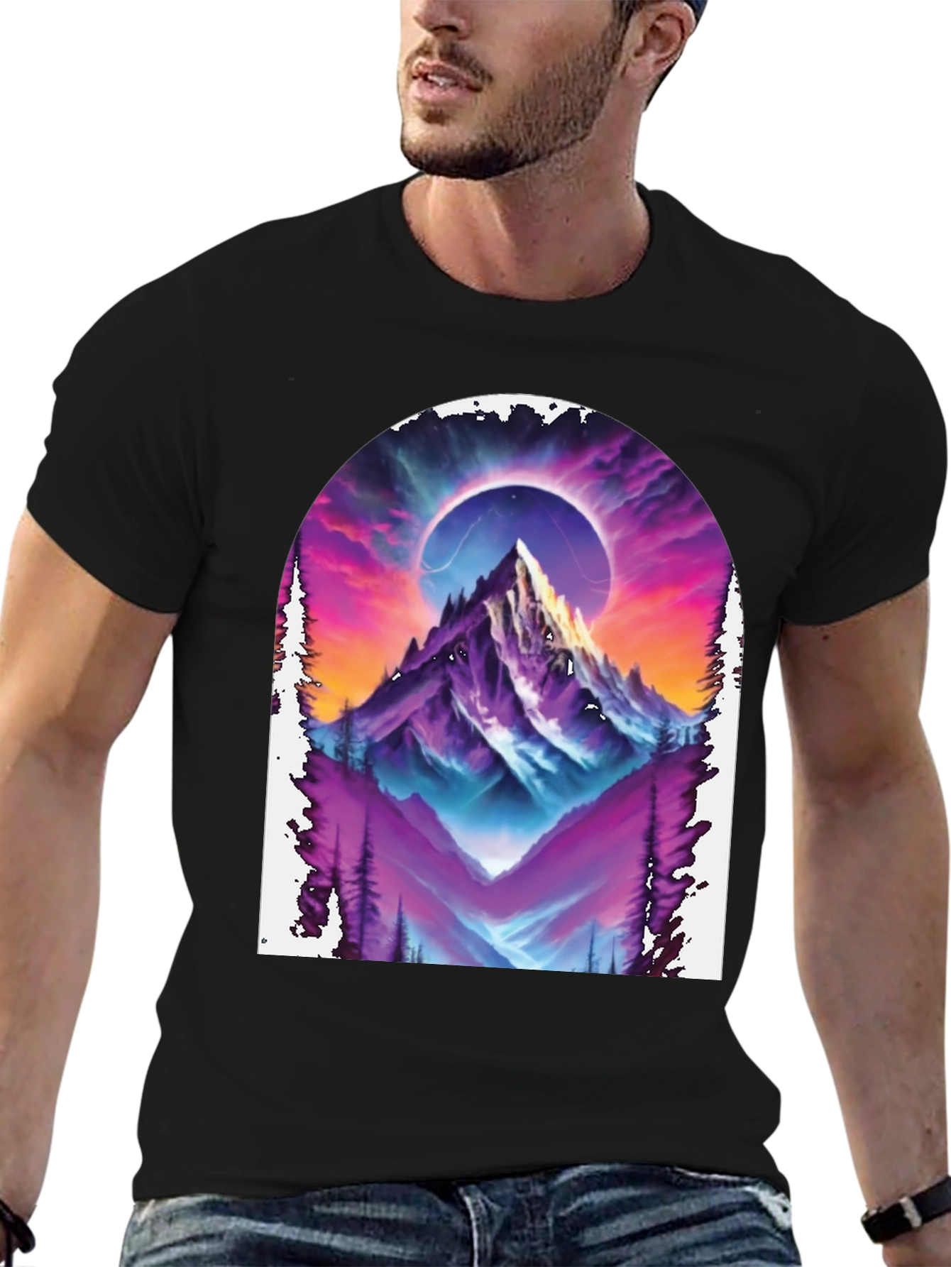 Camiseta Negra con Diseño de Montaña Cósmica