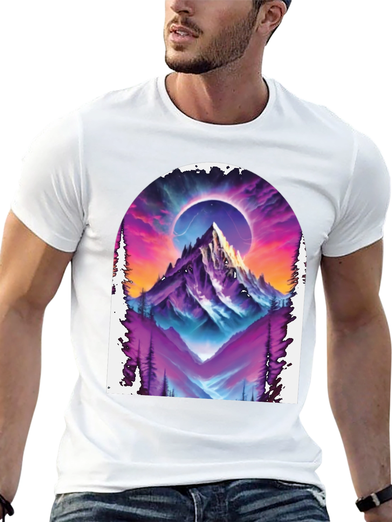 Camiseta Negra con Diseño de Montaña Cósmica