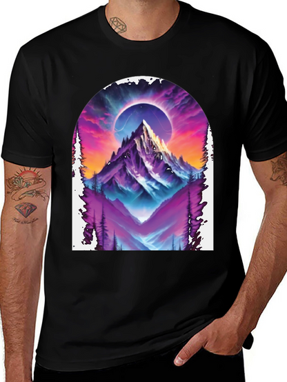 Camiseta Negra con Diseño de Montaña Cósmica