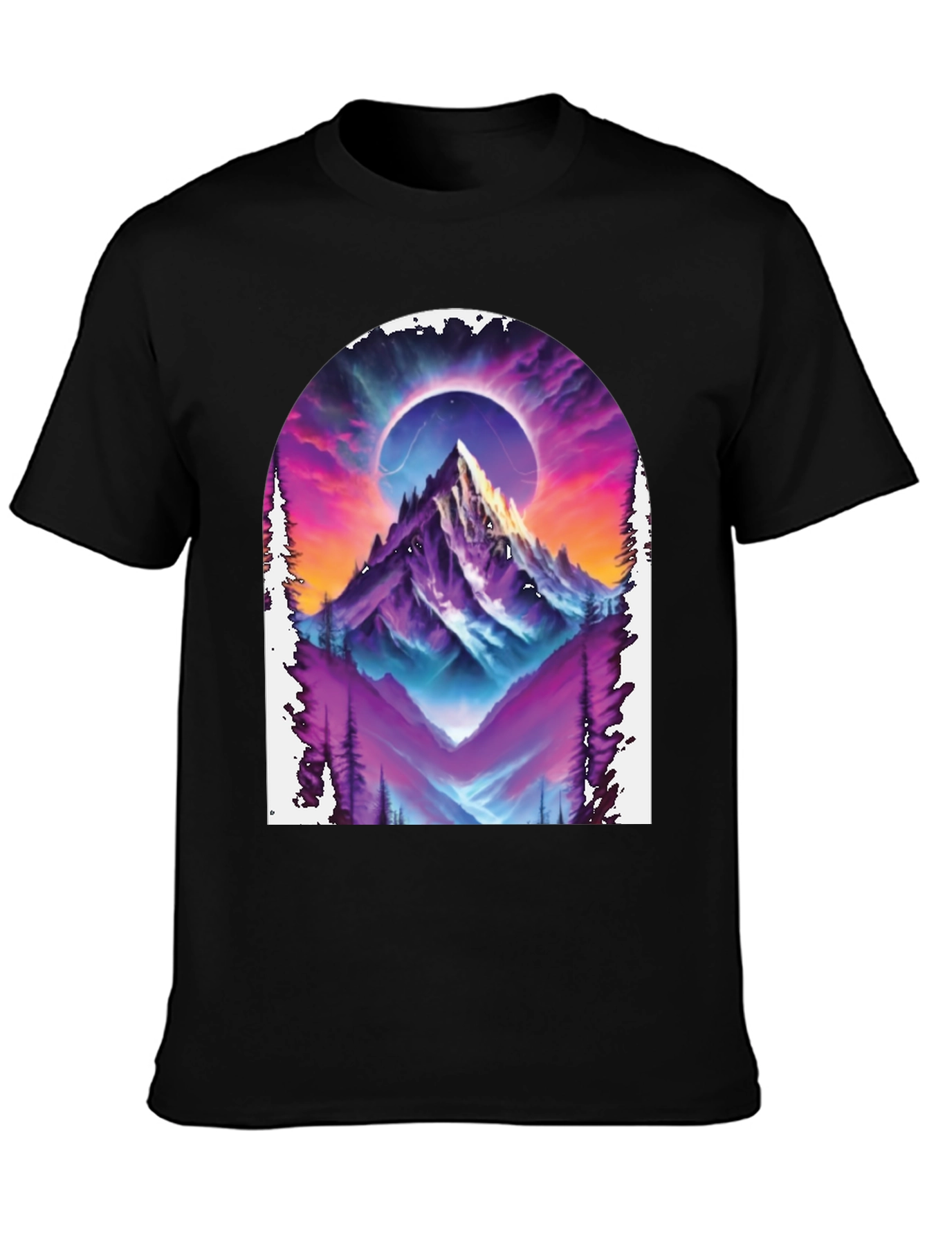 Camiseta Negra con Diseño de Montaña Cósmica