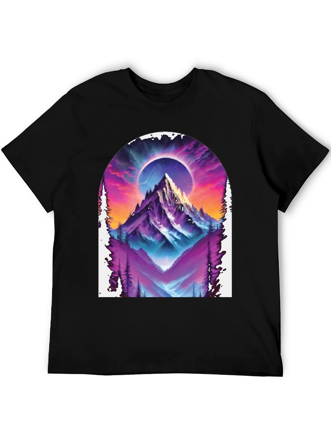 Camiseta Negra con Diseño de Montaña Cósmica