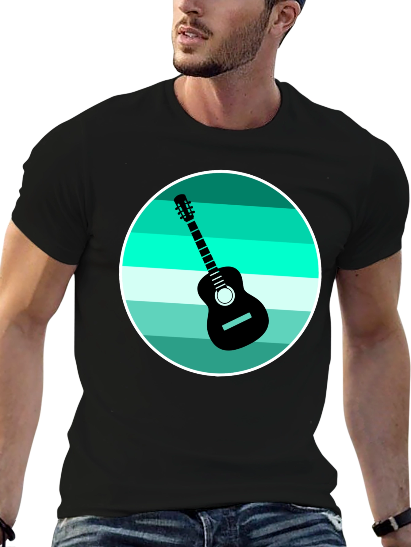 Camiseta Negra con Diseño de Guitarra Retro