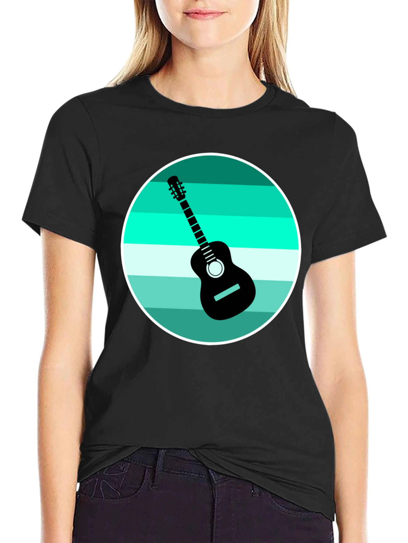 Camiseta Negra con Diseño de Guitarra Retro