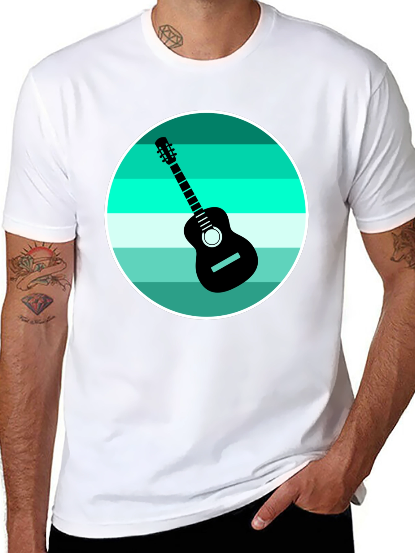 Camiseta Negra con Diseño de Guitarra Retro